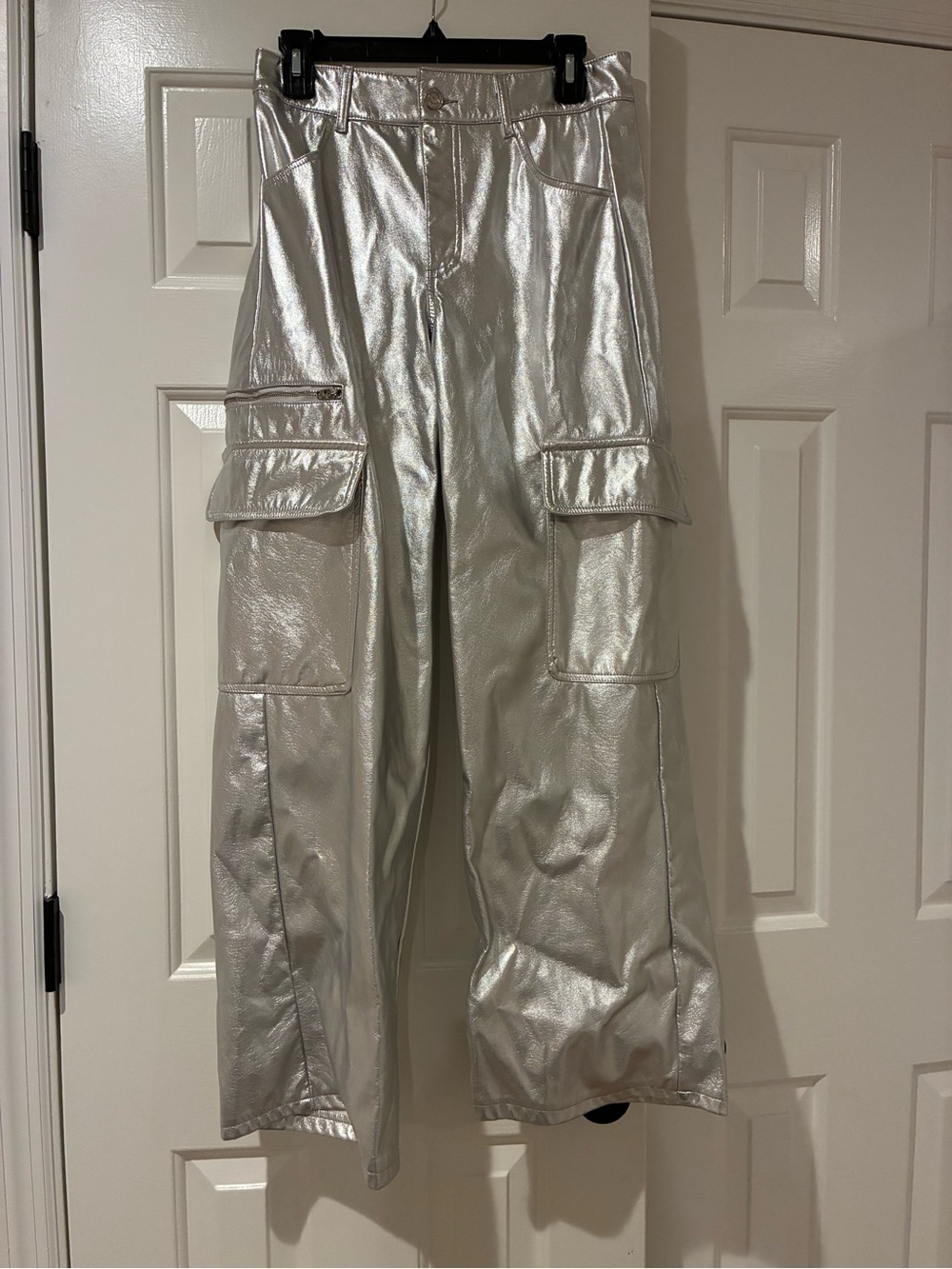 Metallic Cargo Pants in Silver